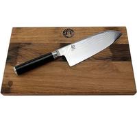 Set de cuchillos KAI Shun Classic, que incluye un cuchillo japonés Santoku DM-0717 con hoja de acero damasco de 19 cm, junto con una tabla de cortar grande y robusta de madera maciza, de 34x21 cm