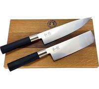 Set de cuchillos/regalo Kai Wasabi | Cuchillo japonés Nakiri de filo excepcional + cuchillo de cocina grande de 20 cm | + tabla de cortar de madera maciza hecha a mano, 25x15 cm | Precio de venta al p