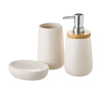 Set de dispensador y portacepillos de baño en cerámica blanca y bambú Con estilo nórdico, este juego de 3 piezas decora maravillosamente tu lavabo. Aporta un extra de elegancia, orden y utilidad. Blan