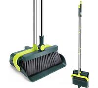 Set de escoba y recogedor Unyqoos®, con mango de acero inoxidable de 121 cm, cabezal de escoba giratorio de 180°, recogedor con púas y diseño para almacenamiento vertical, color verde