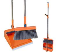 Set de escoba y recogedor Unyqoos® con mango de acero largo y ligero: cabeza de escoba de 4 capas, ángulo de 45°, recogedor con púas, plegable y que ahorra espacio