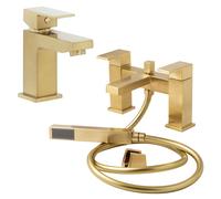 Set de Grifería de Baño con Mezclador de Lavabo Moderno Cuadrado Completo con Grifo Mezclador de Bañera - Oro Satinado - Lyra