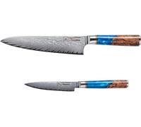Set de inicio Saphir, juego de cuchillos de cocina con 2 cuchillos premium, auténticos cuchillos de cocina de Damasco, con núcleo de acero inoxidable VG10 de 67 capas y mangos de resina azul y blanca,