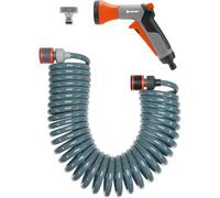 Set de manguera espiral Gardena (10 m): manguera en forma de espiral para regar e irrigar pequeñas superficies, fuerza de recuperación, diámetro 9 mm, con piezas de sistema Gardena y ducha (4647-20)
