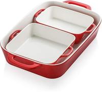 Set de moldes para hornear de cerámica Silecomplaza, molde rectangular para cocinar, ideal para la cocina, para postres, para banquetes y para el uso diario. Moldes de porcelana (rojos) de 32 cm x 22 