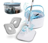 Set de Mopa Plana con Cubo, Doble Compartimento para Separar Agua Limpia y Sucia, Mango Telescópico y 2 Almohadillas de Microfibra, para Limpieza en Seco y Húmedo