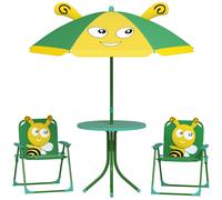 Set de Muebles de Jardín para Niños AIYAPLAY, Sillas, Mesa, Sombrilla, Diseño de Abejas, Verde+Amarillo