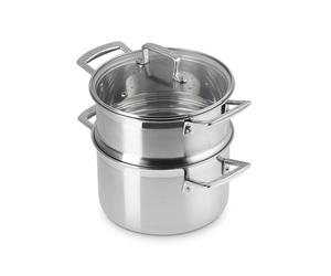 Set de Olla, Vaporera y Tapa de Cristal Le Creuset 20 cm Acero Inoxidable 3 Capas Distribución Uniforme del Calor Fácil Limpieza