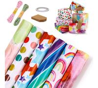 Set de papel de regalo de colores, 6 rollos de 43x300 cm, que incluye cinta adhesiva y cuerda de yute, ideal para niños y niñas