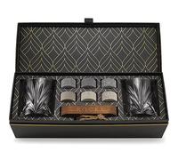 Set de Regalo de Piedras Refrigerantes para Whisky - 6 Piedras de Granito, Hechas a Mano - 2 Vasos de Degustación de Whisky - Elegante Bandeja de Madera Noble - Caja de Regalo Adornada con Oro