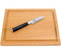 Set de regalo Kai Shun Classic, cuchillo japonés para frutas y verduras, modelo DM-0714, hoja de 9 cm de acero damasco + tabla de madera de roble grande con ranura para recoger el jugo, 30x22 cm