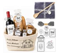 Set de regalo para la inauguración: cesta para pan, paño, cuchara, tarjeta, pegatinas