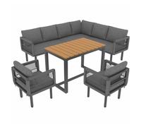 Set de salón de jardín 6 piezas - sofá rinconera con 2 sillones y mesa, estructura de acero resistente a la intemperie, diseño de cuerda trenzada, cojines en gris/beige, exterior para balcón y terraza