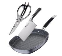 Set de Sartén Grill 28x28x4,5cm en aluminio forjado + Cuchillo macheta de 17,5cm y Tijeras 23cm en acero inoxidable MasterPRO