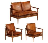 vidaXL Juego de 3 sofás de cuero genuino con estructura de madera maciza de acacia, color marrón