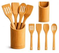 Set de Utensilios de Cocina de Bambú, 5 Piezas con Soporte, Espátulas y Cuchara Ranurada