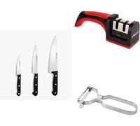 Set de utensilios esenciales para la cocina: kit de inicio de 5 piezas que incluye: juego de 3 cuchillos universales (cuchillo de chef, cuchillo de cocina, cuchillo de trinchar), afilador de cuchillos