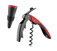 Set de Vino con Sacacorchos Profesional de Dos Tiempos, Tapón de Silicona Color Rojo y Funda de Terciopelo - Regalo Solidario