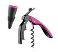 Set de Vino con Sacacorchos Profesional de Dos Tiempos, Tapón de Silicona Color Rosa y Funda de Terciopelo - Regalo Solidario