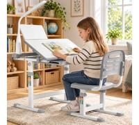 Set Escritorio y Silla para Niños, Altura Ajustable, Mesas Infantiles, Juego Juvenil Con Cajón y Soporte Lectura (Gris)