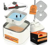 Set Fregona y Cubo - Gen 2 - con Sistema de 2 Compartimentos, Tanque Extraíble, Autoescurrido 360°, Mopa Plana de Limpieza con Rodillo para Pelos y 2 Almohadillas Reutilizables, Blanco - ALANBERG®