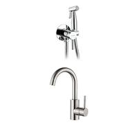 Set GRIFEMA: Grifo Lavabo Giratorio 360° Gris + Ducha Bidet con Soporte, Manguera y Mezclador - Agua Caliente y Fría, Diseño Moderno para Baño y WC