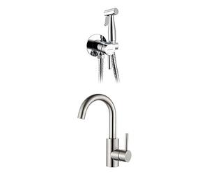 Set GRIFEMA: Grifo Lavabo Giratorio 360° Gris + Ducha Bidet con Soporte, Manguera y Mezclador - Agua Caliente y Fría, Diseño Moderno para Baño y WC