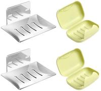 Set Ibzoa®: 2 portavasos para jabón de montaje en pared (8 x 11,5 x 3,7 cm) de acero inoxidable + 2 estuches portátiles para jabón (12 x 8 x 4 cm) de PP, color plateado y verde, instalación sin necesi