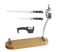 Set Jamonero Profesional Premium - Soporte Jamonero de Bambú Giratorio + Cuchillo Jamonero 25 cm con Alvéolos + Cuchillo Deshuesador + Afilador 3 Ranuras | Maestros del Corte by Cuperinox