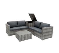 Set Modular de Patio de Ratán | Gris 6 Piezas| Sofá Modular| Mesa con Tapa de Vidrio Templado| Cojines Griseses | Funda Impermeable| Resistente a la Intemperie| Ideal para Jardín y Patio