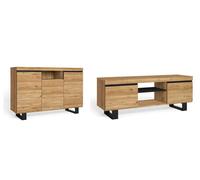Set naturale salón comedor con patas, mueble auxiliar, buffet-mueble tv 140cm roble negro nórdico