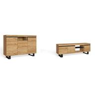 Set naturale salón comedor con patas, mueble auxiliar, buffet-mueble tv 160cm roble negro nórdico