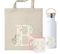 Set Personalizado con Inicial y Nombre, Bolsa de Tela + Taza 350ml con Diseño Floral de Hojas, Opción de añadir Botella personalizada, Regalo Comunión, dia de la madre, amigas (Pack Floral)