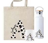 Set Personalizado con Inicial y Nombre, Bolsa de Tela + Taza 350ml con Diseño Floral de Rosas Rojas, Opción Botella Térmica, Regalo San Valentín (Pack Vaca)
