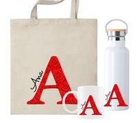 Set Personalizado con Inicial y Nombre, Bolsa de Tela + Taza 350ml con Diseño Floral de Rosas Rojas, Opción Botella Térmica, Regalo San Valentín (Pack Rosas Rojas)