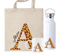 Set Personalizado con Inicial y Nombre, Bolsa de Tela + Taza 350ml con Diseño Floral de Rosas Rojas, Opción Botella Térmica, Regalo San Valentín (Pack Leopardo)