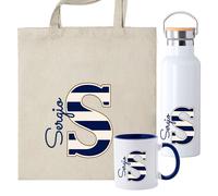 Set Personalizado con Inicial y Nombre, Bolsa de Tela + Taza 350ml con Diseño Floral de Rosas Rojas, Opción Botella Térmica, Regalo San Valentín (Pack Marinero)