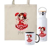 Set Personalizado de Flamenca con Bolsa de Tela, Taza Cerámica 350ml, Opción Botella Térmica, Diseño Personalizable con Nombre e Inicial, Regalo para Bailaoras de Flamenco (Flamenca Morena)