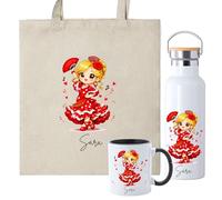 Set Personalizado de Flamenca con Bolsa de Tela, Taza Cerámica 350ml, Opción Botella Térmica, Diseño Personalizable con Nombre e Inicial, Regalo para Bailaoras de Flamenco (Flamenca Rubia)
