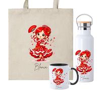 Set Personalizado de Flamenca con Bolsa de Tela, Taza Cerámica 350ml, Opción Botella Térmica, Diseño Personalizable con Nombre e Inicial, Regalo para Bailaoras de Flamenco (Flamenca Pelirroja)