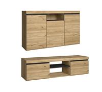 Skraut Home – Set de muebles Naturale (1 buffet + 1 mueble TV) Melamina Roble/Negro Nórdico