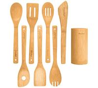 Set Utensilios de Cocina Madera de Bambú - Juego de 8 Accesorios de Cocina Originales para Menaje de Cocina Antiadherentes (Cucharas, Espatulas, Lengua, Paleta, Pinzas, Porta Cubiertos) - BlauKe®