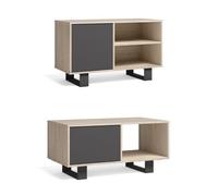 Set wind, conjunto de muebles de salón/comedor compuesto por 1mueble tv100 y 1 mesa de centro, color roble/gris, patas negras, mueble auxiliar.