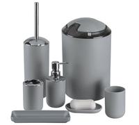SetIMAVO - Juego de 6 Accesorios de baño, Soporte de plástico para Cepillo de Dientes, dispensador de jabón, jabonera, Cepillo de Inodoro y Soporte, Cubo de Basura con popote para baño, Color Gris