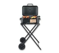 Severin Barbacoa eléctrica 2 en 1 de pie y de sobremesa, 2300 W, revestimiento cerámico, máx. 230 °C, con tapa, soporte, termómetro, superficie de cocción de 45 x 30 cm, negro mate, PG 8598