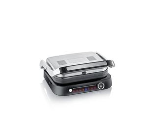 SEVERIN SEVINI PRO - Parrilla eléctrica y grill de contacto sobremesa, con 7 programas automáticos, plancha sandwichera antiadherente, de mesa con bandeja recogegrasas, Negro/Plateado,1800 W KG 2395