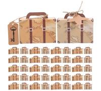 SEWACC 60 Unidades Caja de Dulces para Recuerdos de Fiesta, Estilo Maleta | Papel Kraft y Cartón Blanco, Patrón de Mapa Global, Incluye Etiquetas para Bodas y Celebraciones