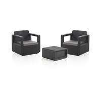 Shaf - Conjunto de Jardín Venus Tete a Tete - Pack 2 Sillones y Mesa Exterior - Plástico Reciclado Resistente UV - con Cojines - Diseño Ratán - Fabricado en España - Grafito