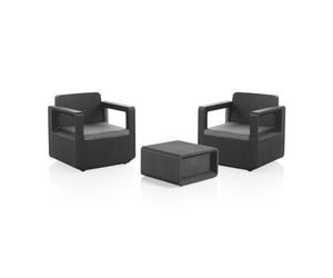 Shaf - Conjunto de Jardín Venus Tete a Tete - Pack 2 Sillones y Mesa Exterior - Plástico Reciclado Resistente UV - con Cojines - Diseño Ratán - Fabricado en España - Grafito