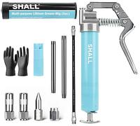 SHALL Mini pistola engrasadora, kit de pistola engrasadora pequeña (capacidad de 3.52 oz, 3000 PSI), boquilla afilada, adaptador de extensión, guante de PVC reforzado y limpiador de accesorios Zerk